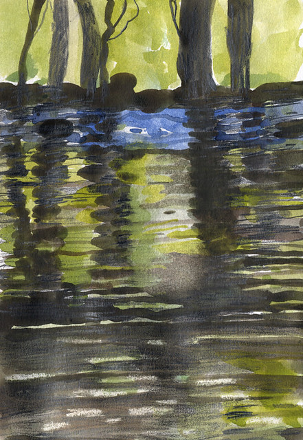 watercolour and pencil sketch trying to capture the blue glimmer of a pond reflection in Tanum, Sweden