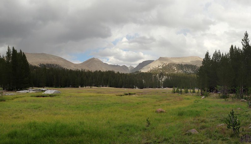 View east over Lower Crabtree Meadow from the Pacific Crest Trail - Mount Whitney is the dark peak, right of center