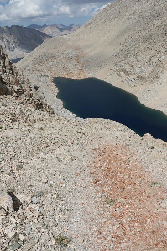 Looking down the insanely steep scree-trail heading north from Crabtree Pass, with the highest Crabtree Lake, below