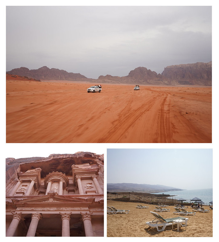 Top: Trucks driving through the red sand desert with mountains in the distance. Left: Iconic pink sandstone temple carved into the mountain. Right: Beach chairs and umbrellas across the sand, leading to the deep blue Dead Sea. 