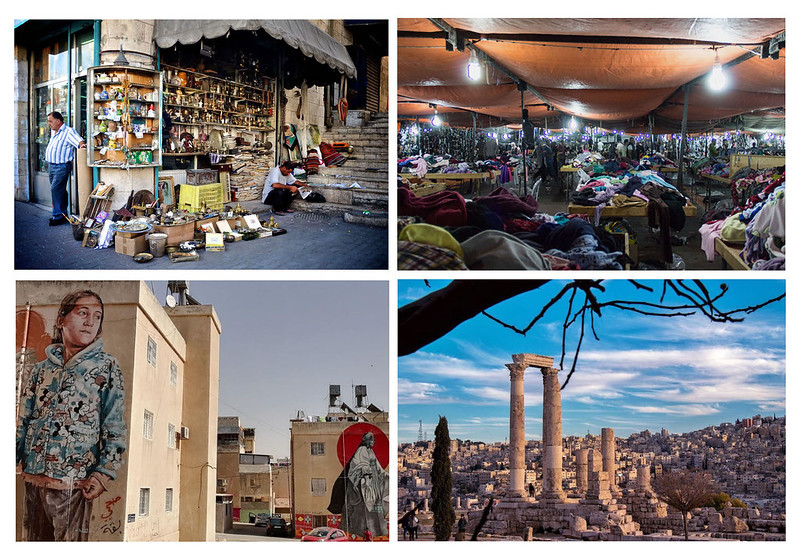 Top Left: Corner shop with various goods displayed on the curb including books, teapots and art. Top Right: Tarp-covered open-air market featuring tables stacked with clothes. Bottom Left: Tan buildings with various murals. One features a young girl in a Mickey Mouse jacket. Bottom Right: Stone columns and ruins backed by a city of white buildings and a blue sky.