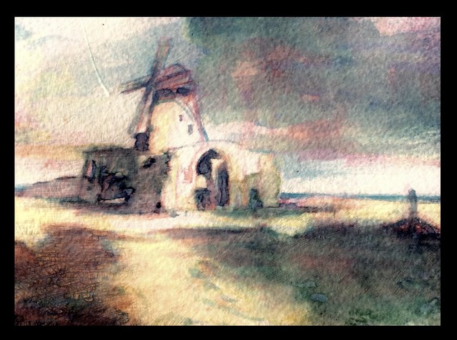 Study of a watercolour painting by John sel Cotman, 1782-1842. Windmill and ruin of St. Benet’s Abbey Norfolk.   watercolour gouache Brush sketch by jmsw on stretched paper.