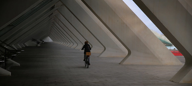 Kanitha biking through the pillars of Science Museum