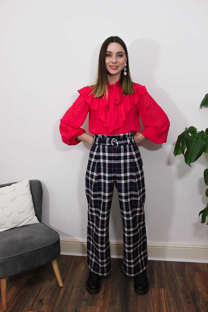 Ruffle Blouse, Check Trousers office outfit 1