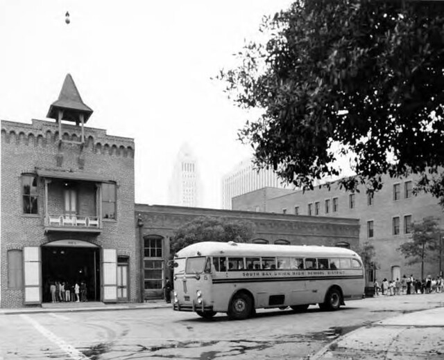 Crown School bus from South Bay High School  visit the old Pueblo of Los Angeles The Plaza 1970's