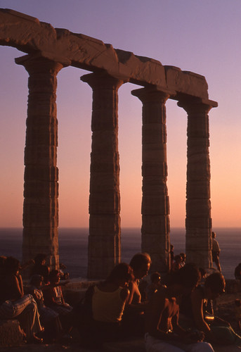 Temple of Poseidon, Sounion  1 by jmlwinder, Tourists at work, awaiting the perfect moment to take the very best sunset picture ever
July 1974
 p