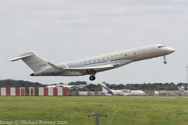 VP-CTM - 2020 build Bombardier BD700 Global Express 7500, departing from Runway 22 at Stansted