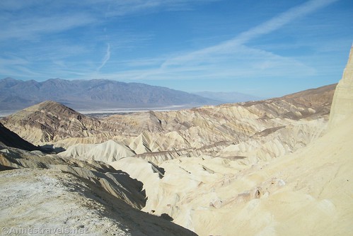 Badlands, the Panamint Mountains, and Badwater Flats. Death Valley National Park, California