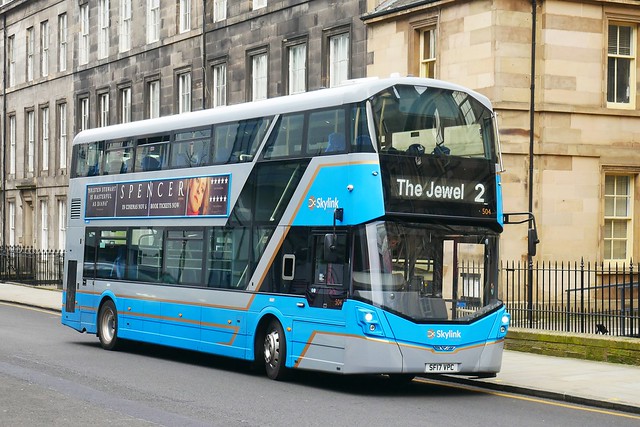 Lothian Volvo B5TL Wright Eclipse Gemini 3 SF17VPC 504, in Skylink livery, commencing operation of service 2 to The Jewel at Torphichen Street on 14 January 2022.