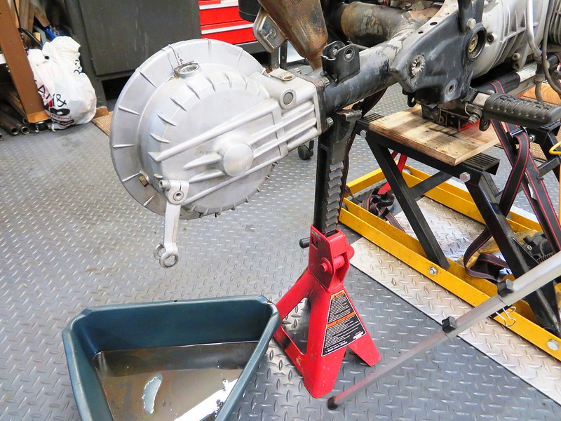 Supporting Swing Arm With Jack Stand Before Removing Rear Drive and Swing Arm