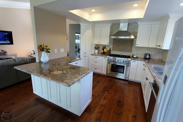 Kitchen Remodel With Brand new Aplus Custom white Cabinets & new wood Floor in city of Yorba Linda, Orange County https://www.aplushomeimprovements.com/portfolio_page/orange-county-yorba_linda-kitchen_remodel81/