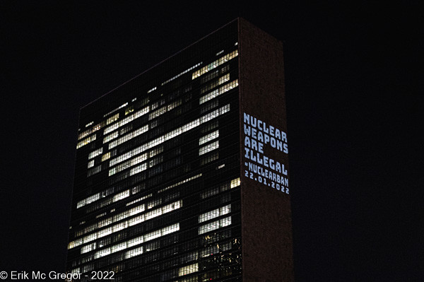 NYCAN light projection action at UN Headquarters in support of the Nuclear Ban Treaty