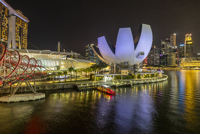 Nightscape of Helix Bridge, ArtScience Museum and Business District