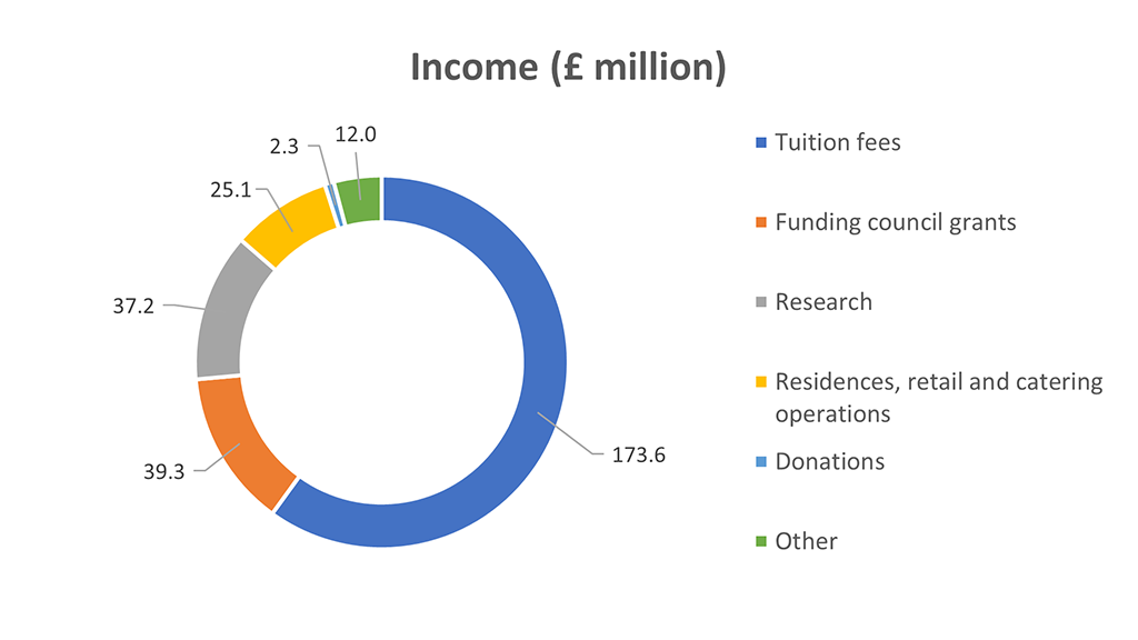 A pie chart of University income