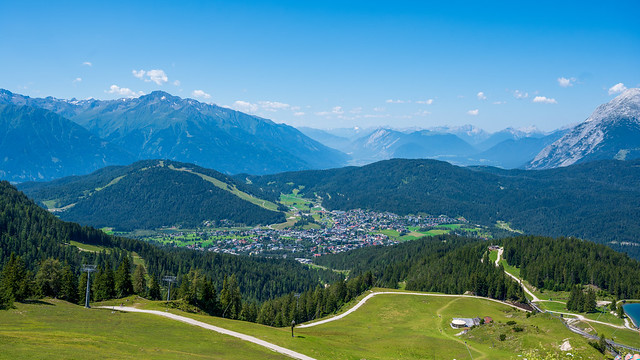 Mountain View of Karwendel Alps in Seefeld. Breathtaking Panorama of Austrian alpine nature during summer
