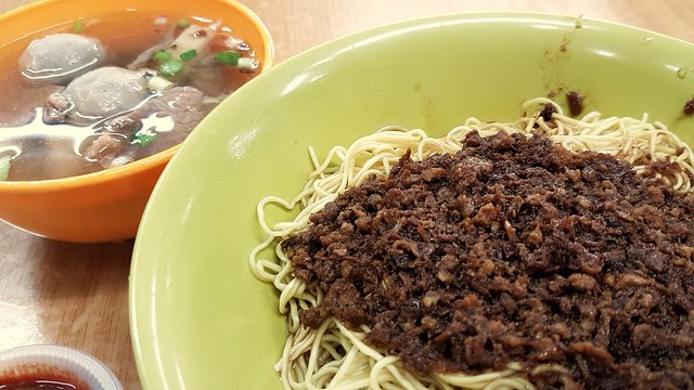 Dried Beef Noodle with a bowl of soup with beef slices and balls .. Saturday brunch at the foodcourt