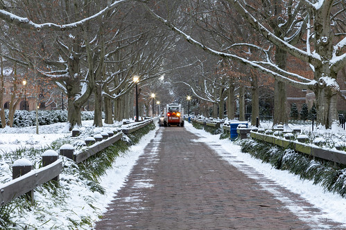 Grounds & Gardens crews are busy clearing the brick sidewalks of the snow that fell over the weekend.