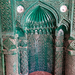 Carved plaster mihrab (1509) in al-Shurah Mosque in Harat al-Bilad old town in Wilayat Manah, Oman