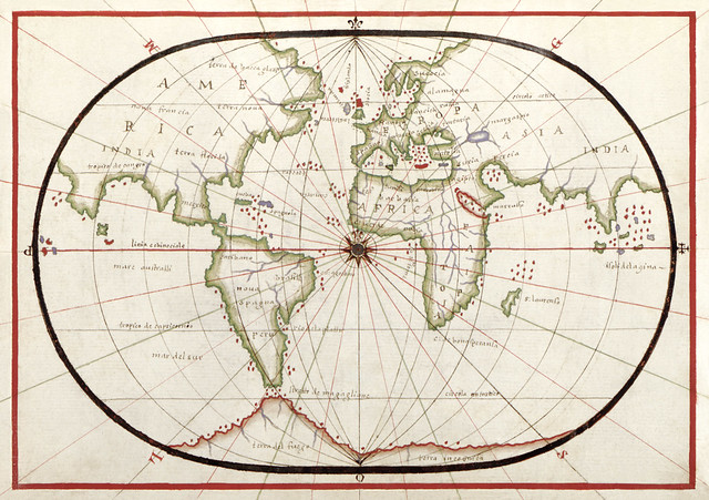 Portolan atlas of the Mediterranean Sea, western Europe, and the northwest coast of Africa: World map drawn on an oval projection (ca. 1590) by Joan Oliva. Original from Library of Congress. Digitally enhanced by rawpixel.