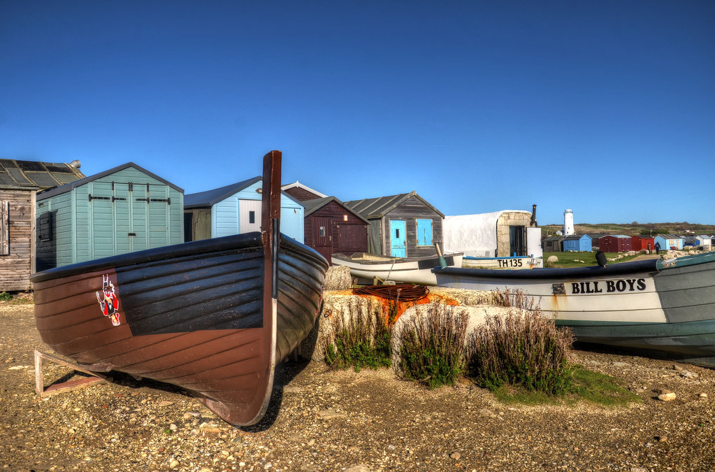 Fishing boats and huts at Portland Bill, Dorset