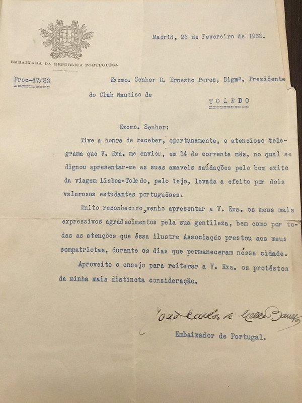 Carta de agradecimiento del Embajador de Portugal al club náutico de Toledo en febrero de 1933. Donación de Francisco José Sánchez Pérez.
