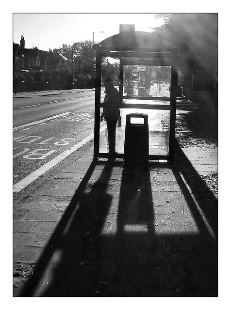 Waiting passenger, approaching bus.