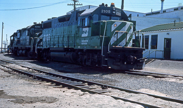Burlington Northern GP-38-2 2105 at the BN enginehouse, Klamath Falls Oregon.  June 1976.