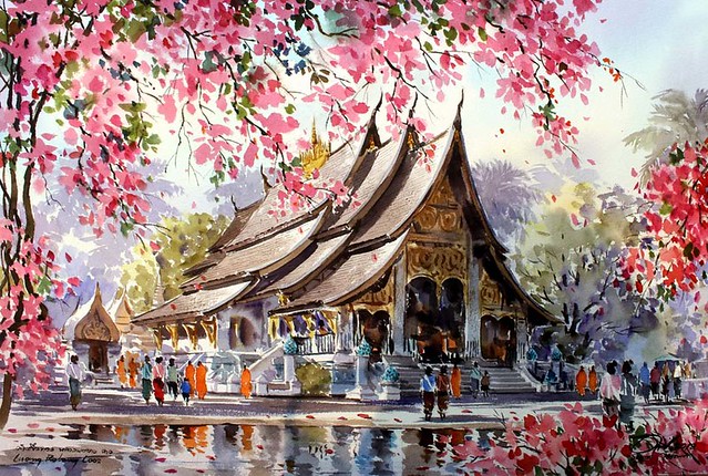 Watercolor painting thailand temple