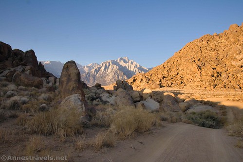 Lone Pine peak and rock formations along a road in the Alabama Hills National Scenic Area, California