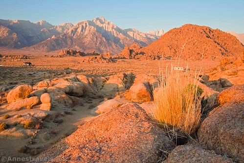 The Alabama Hills and Lone Pine Peak and Mt. Whitney just after sunrise, California