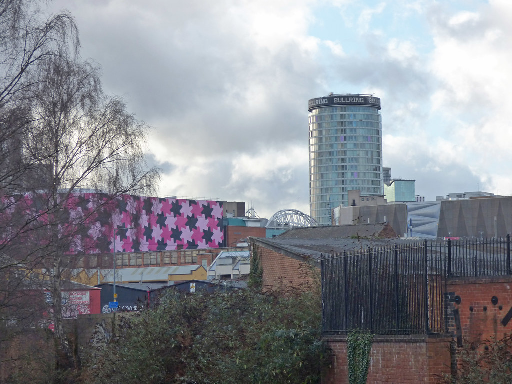 Pink Selfridges and the Rotunda from the Digbeth Branch Canal again