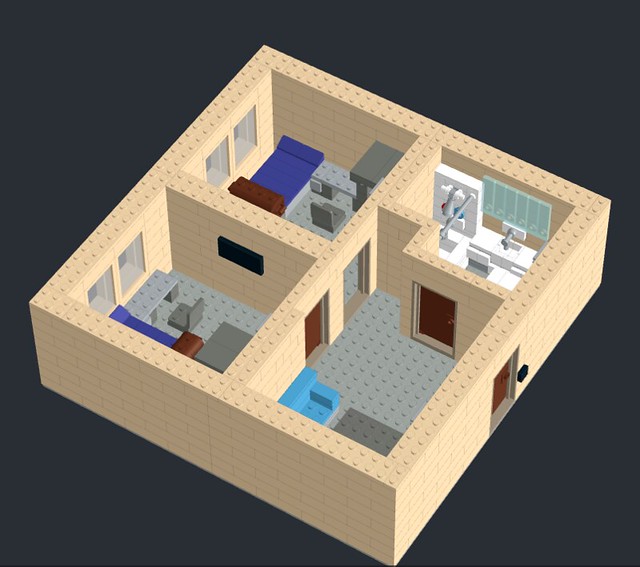 The dorm with a clear view of the bathroom countertop and sink, as well as the common hallway