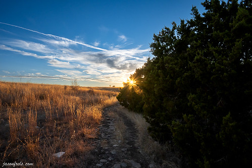 Sun through trees on a hiking trail by Jason Frels, Hiking trail at Balcones Canyonlands National Wildlife Refuge just before sunset. The sun lights up 