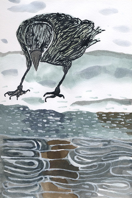 Watercolour sketch of a crow admiring himself in the rippled reflections in the water at the Lagoons