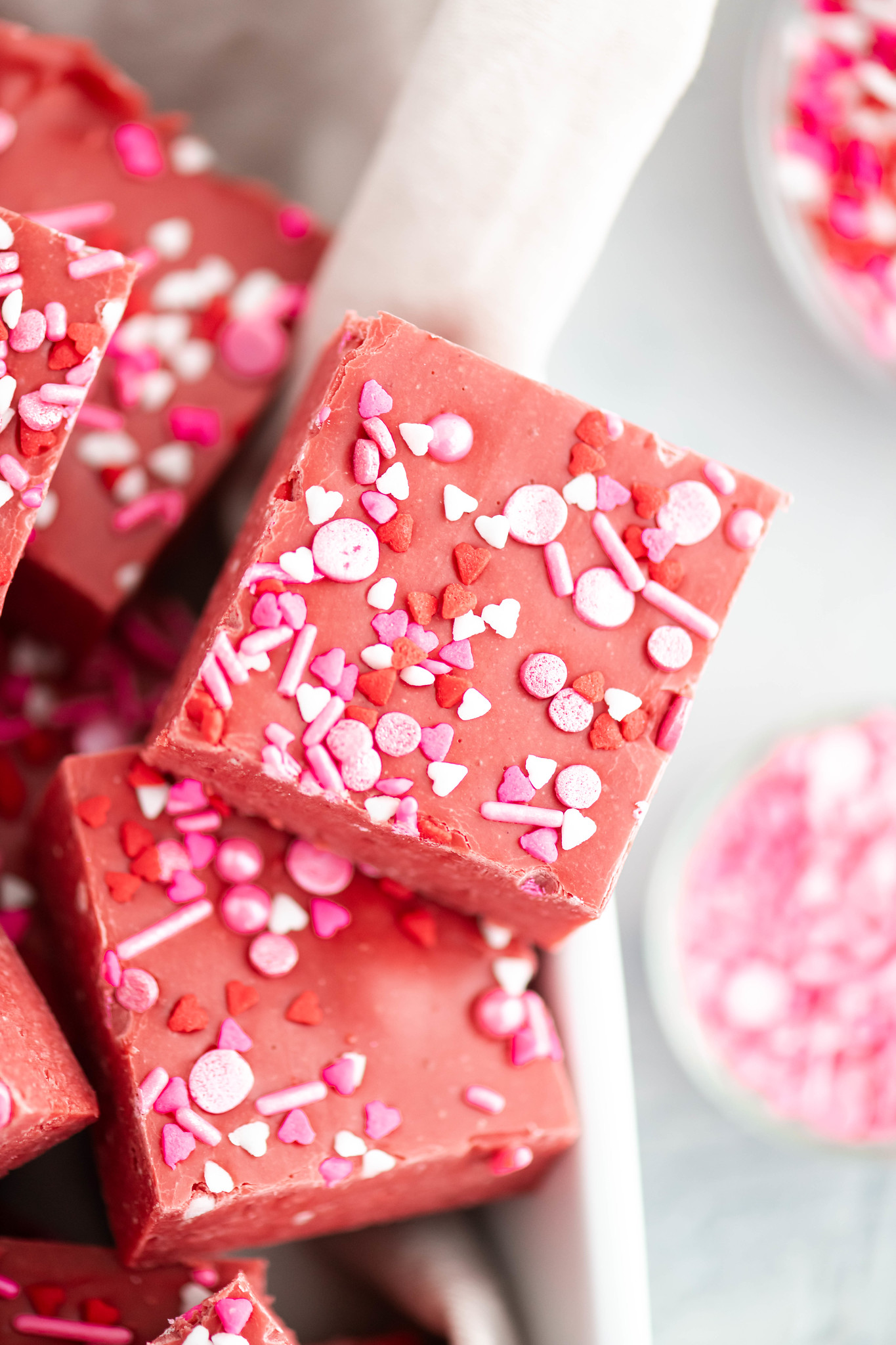 Close up of fudge with valentine's sprinkles.