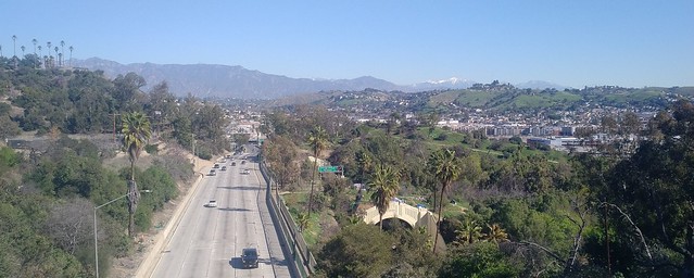 This is the continuous route for the Los Angeles Chinatown Firecracker 10k run race route is up the hill at Park Row Drive overpass top of the Arroyo Seco Parkway - Pasadena Freeway State Highway Junction Route CA-110 in Solano Canyon