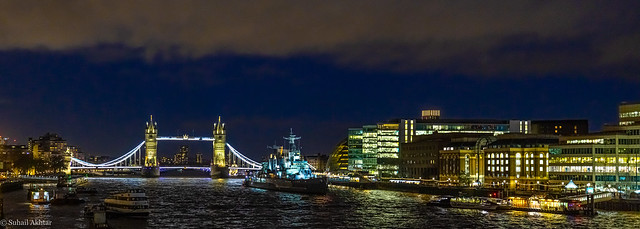 Panoramic Shot of Tower Bridge in London at Night