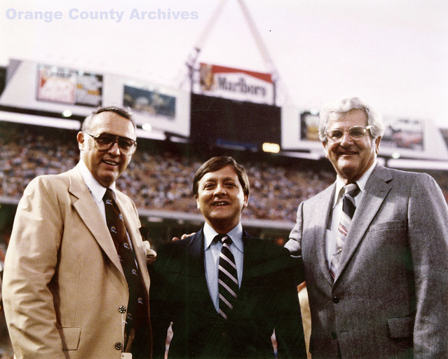 Tom Liegler, John Seymor, and Ralph Clark at Anaheim Stadium, welcoming the Los Angeles Rams