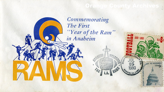 Postal souvenir cover celebrating the Rams' first year in Anaheim, 1980