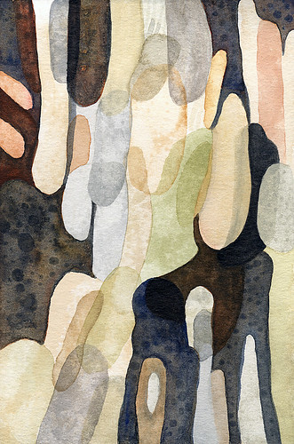 A watercolour sketch of the jigsaw puzzle patterns of the 'camouflage' bark of the Plane Tree, Platanus genus