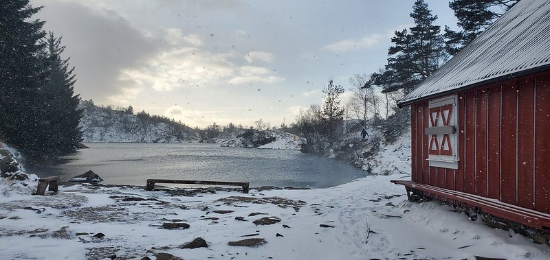 Wintertime landscape featuring a lake surrounded by trees and covered with snow and a red cabin. 