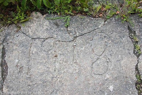 The marks in the concrete read, "1918."  Niagara Gorge Railroad, Whirlpool State Park, New York