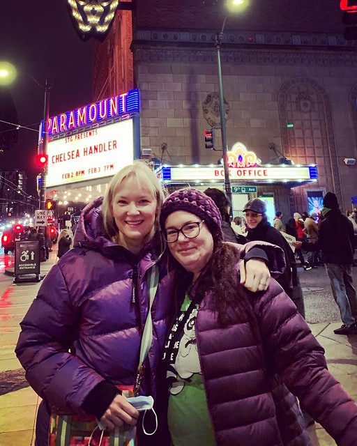 @chelseahandler last night at the Paramount Theater with my Broad and @djmagicelf! It was a great show. I love that she brought her dogs onstage at the end. And then we had Dick’s on the way home! Mmmmm.