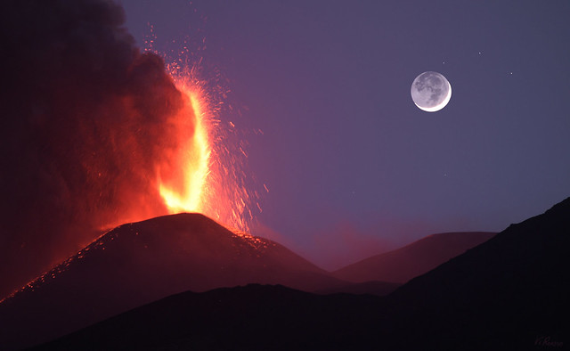 Eruption with crescente Moon
