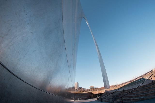 Fisheye lens wide angle view of the Gateway Arch national park in St. Louis Missouri
