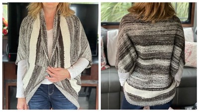 Debbie (@love.knit.spin.weave) hand spun alpaca (white) and Corriedale Stripey sliver to knit herself this fabulous shrug!