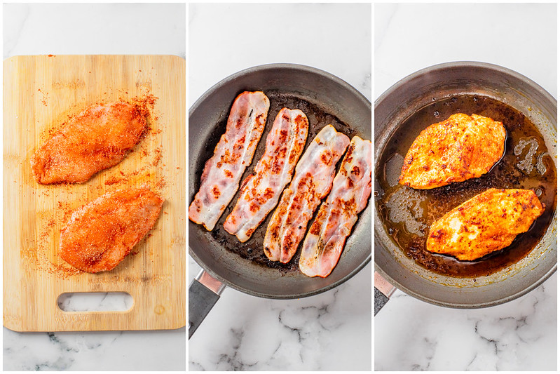 Seasoned chicken; bacon in a pan; chicken in a pan