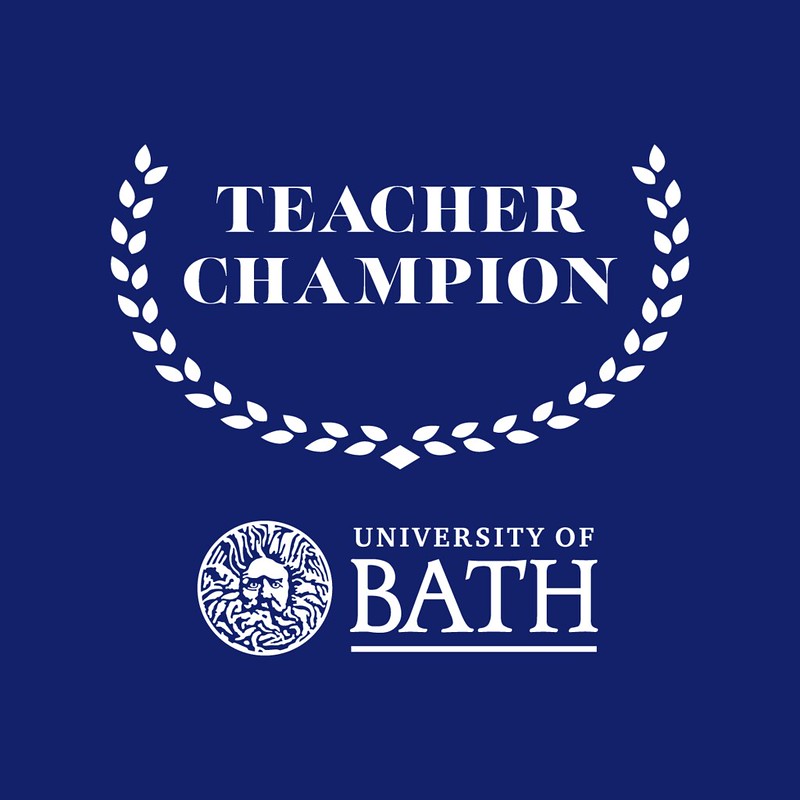 Teacher Champion Awards 2022 logo and University of Bath logo  against a dark blue background