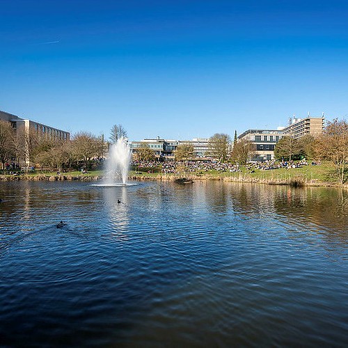Photo of the campus buildings on a sunny day with a clear, blue sky and blue lake in the foreground