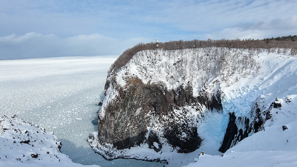 Furepe frozen water fall and drift ice at Shiretoko, Hokkaido, JAPAN